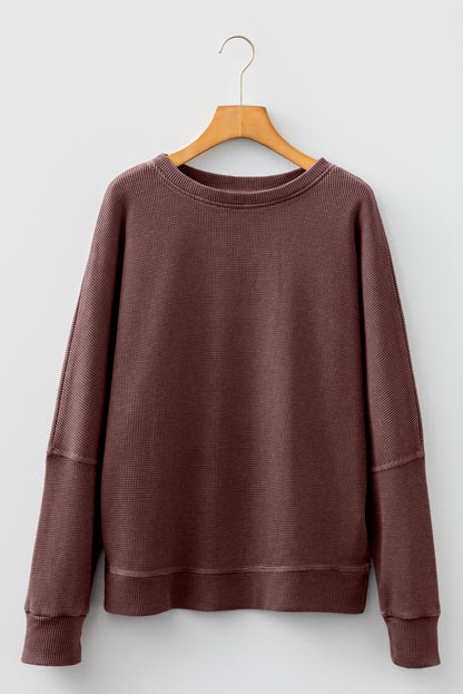 Waffle Knit Patchwork Long Sleeve Loose Top