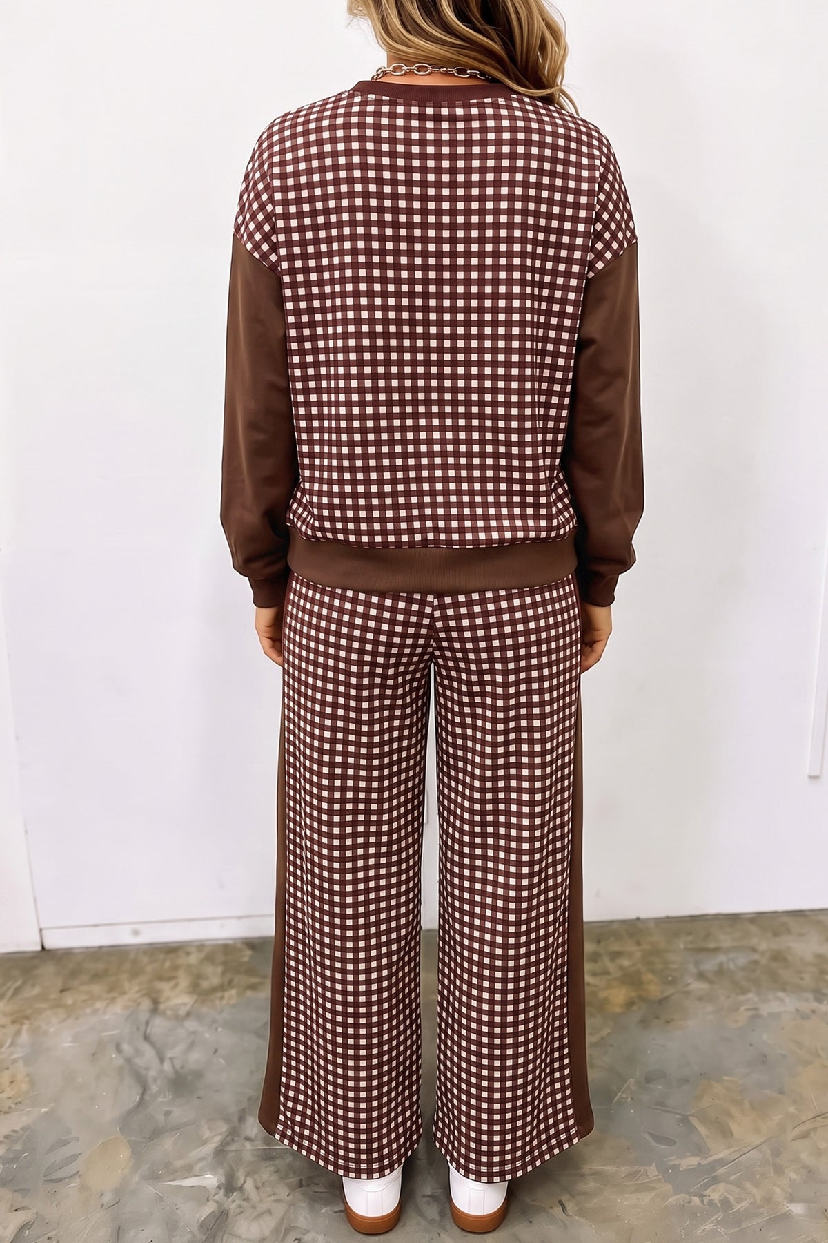 Red Color Block Plaid Patchwork Long Sleeve Pullover Wide Leg Pant Set
