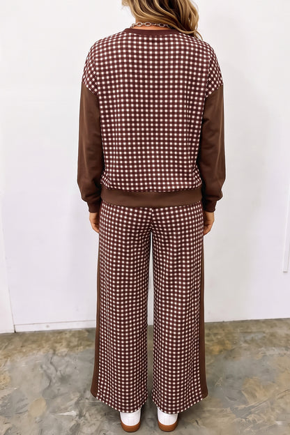 Red Color Block Plaid Patchwork Long Sleeve Pullover Wide Leg Pant Set