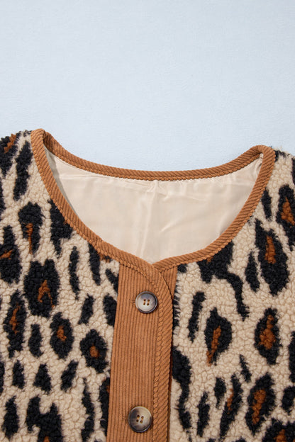 Leopard Fleece Corduroy Trim Buttoned Jacket