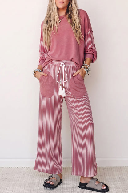 Fushia Raw Seam Patchwork Long Sleeve Top Pocket Casual Pants 2pcs Set