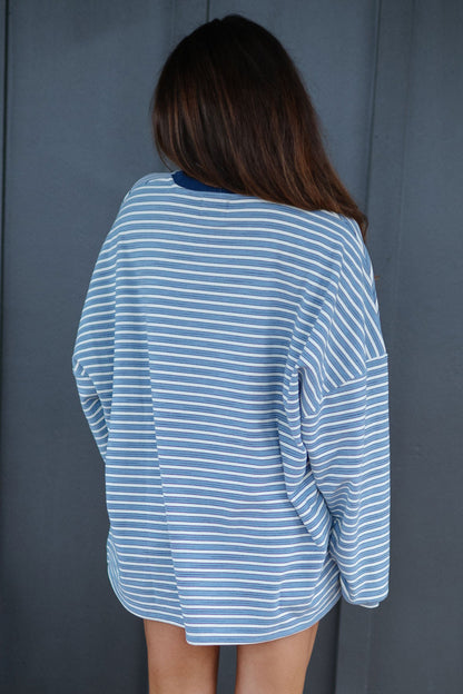 Brown Stripe Long Sleeve Oversized Top Pocketed Casual Shorts Two Piece Set