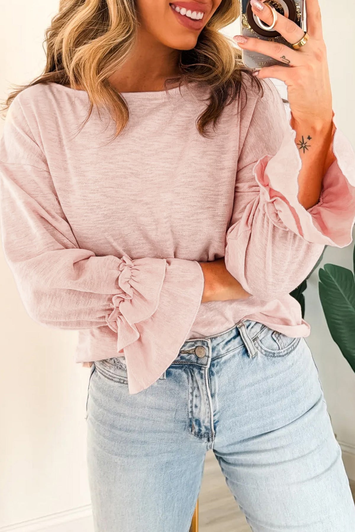 Gossamer Pink Long Sleeve Ruffle Cuff Elegant Top