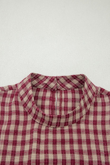 Plaid Keyhole Pleated Blouse