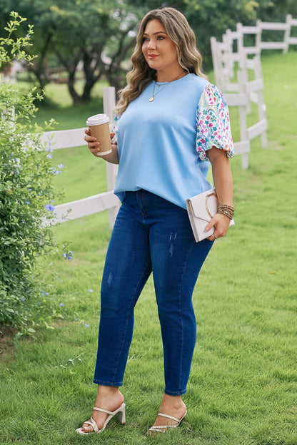 Floral-Sleeve Textured Top