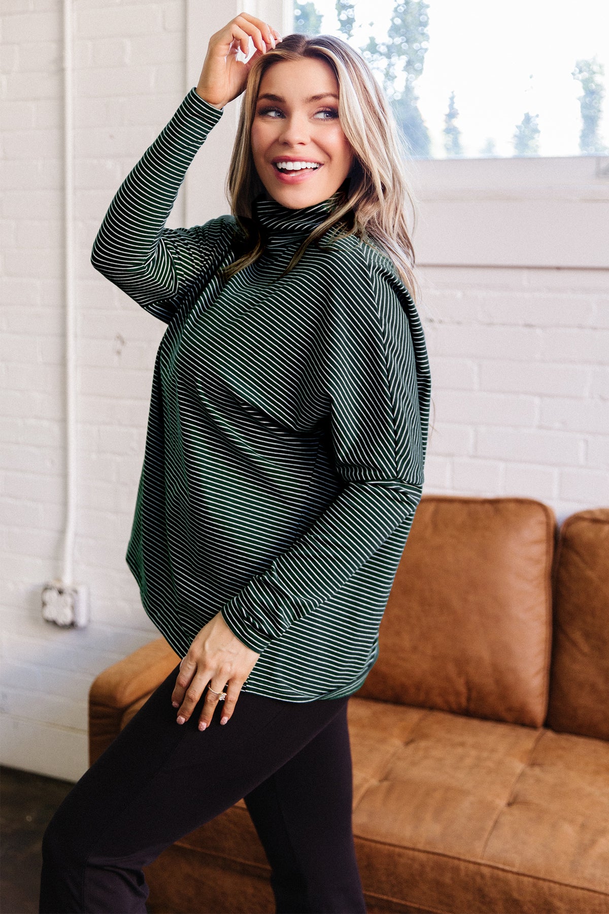 Striped High-Neck Drop-Shoulder Top