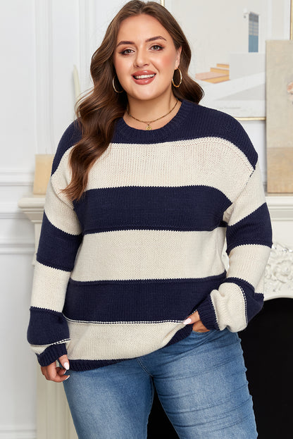 Blue & Khaki Stripe Colorblock Sweater