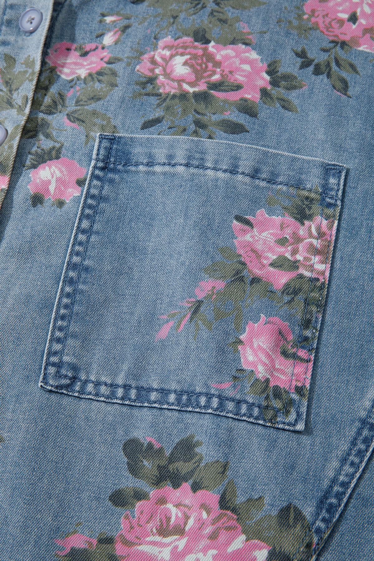 Floral Denim Bracelet-Sleeve Shirt