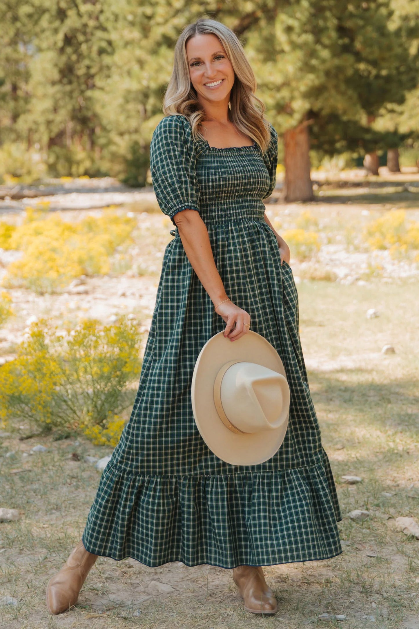 Porch Plaid Square Neck Dress