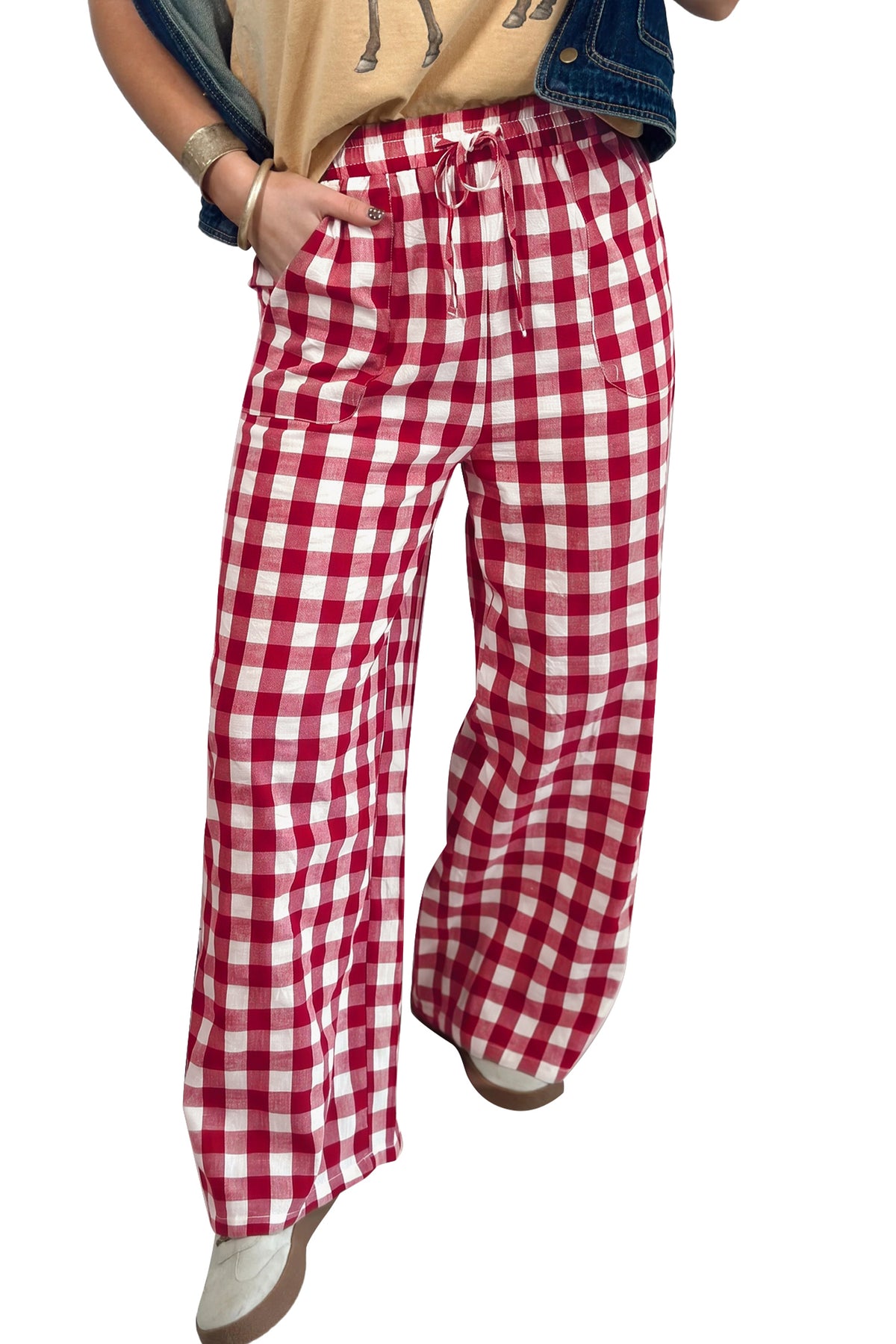 Gingham Plaid Tie-Waist Pants
