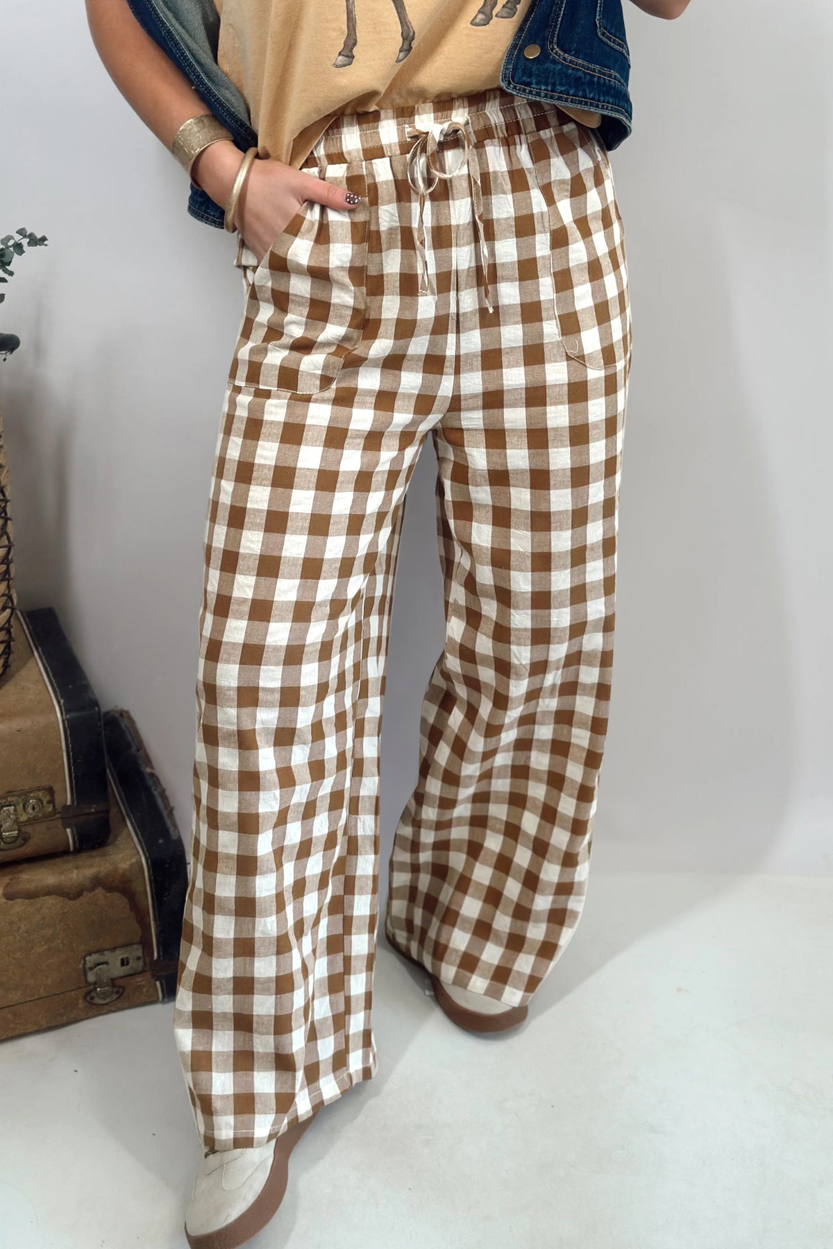 Gingham Plaid Tie-Waist Pants