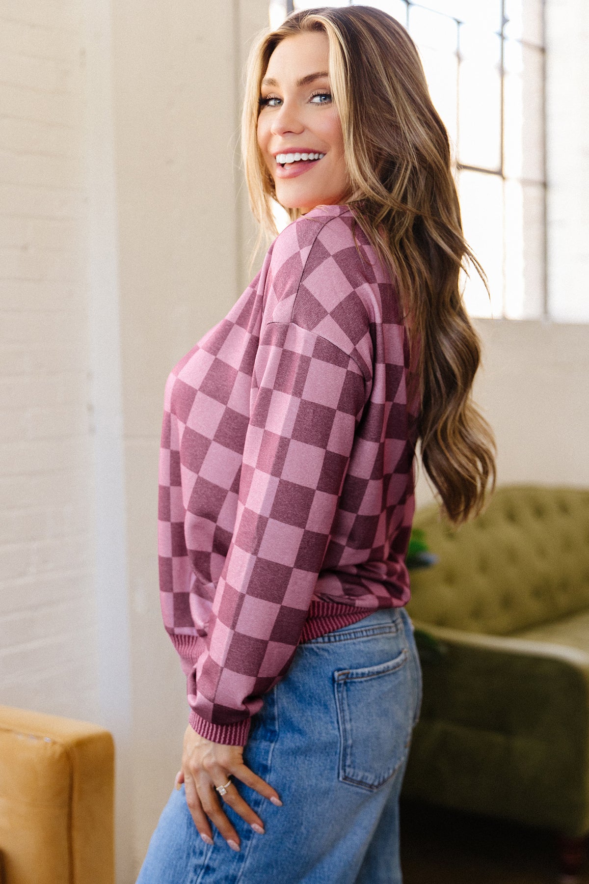 Red Check Ribbed-Trim Pullover