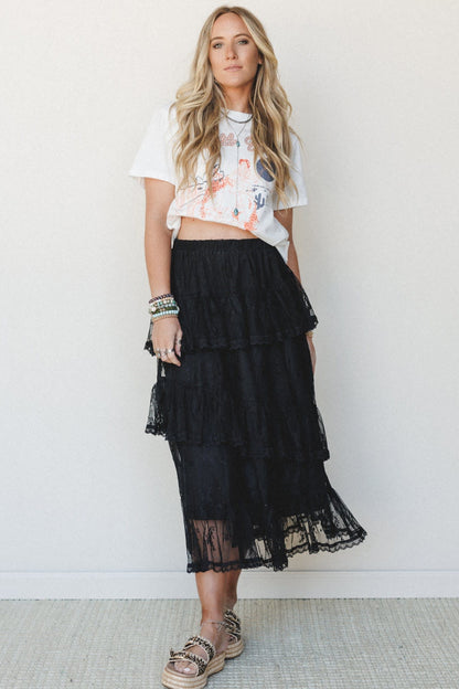 Black Ruffled Lace Midi Skirt