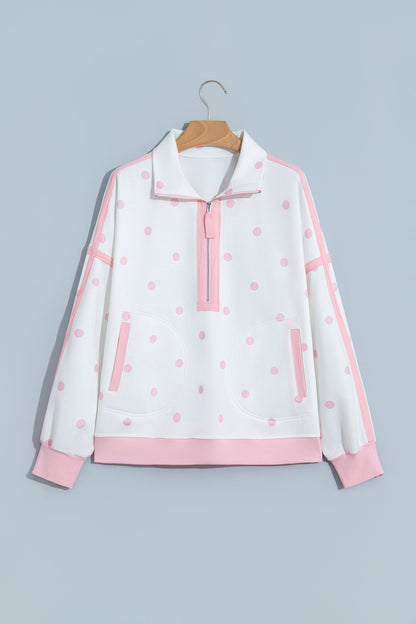Polka Dot Half Zip Drop Shoulder Sweatshirt
