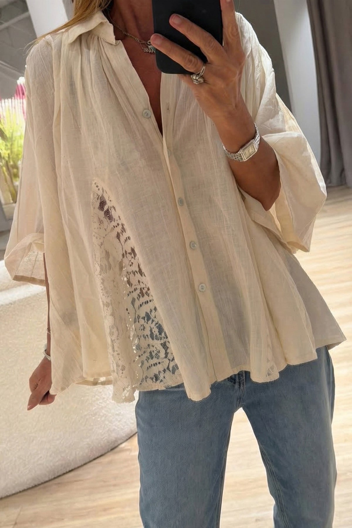 Sheer Lace Bracelet-Sleeve Shirt