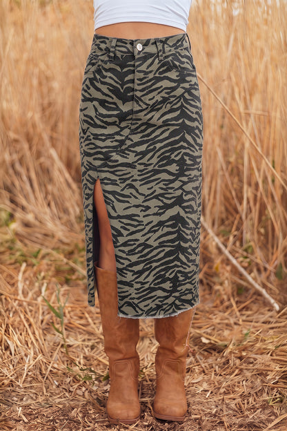 Leopard Denim Midi Skirt