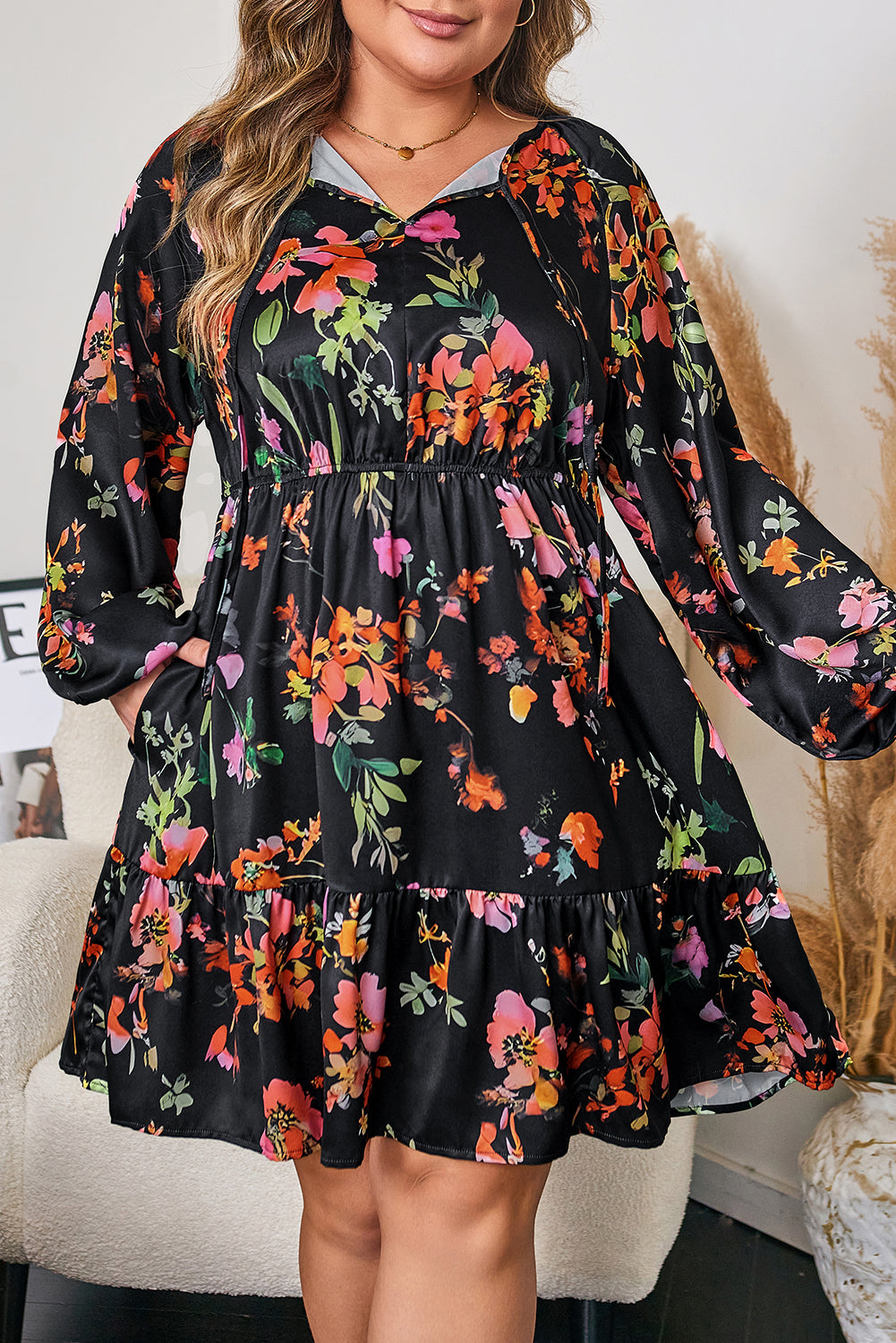 Black Floral Tie-Neck Mini Dress