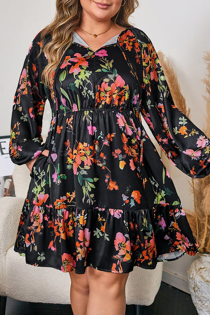 Black Floral Tie-Neck Mini Dress
