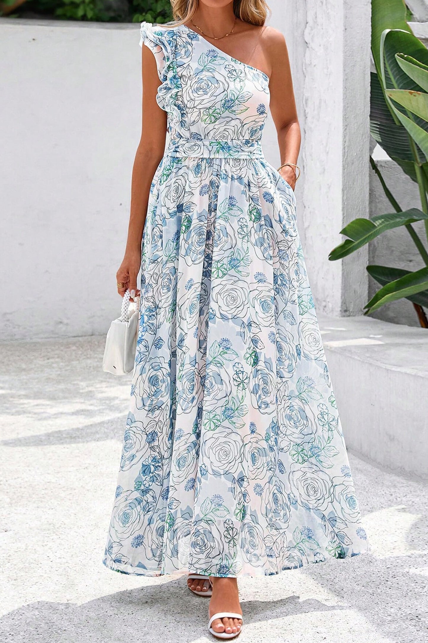 Garden Party Floral One-Shoulder Maxi Dress