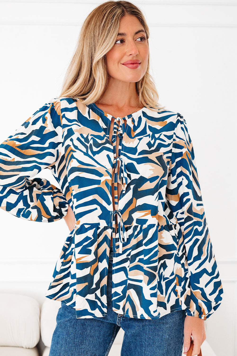 Zebra Tie-Front Puff-Sleeve Top