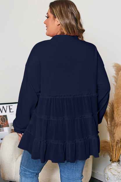 Pink Tiered Ruffle Ribbed Crew Neck Pullover Plus Size Top