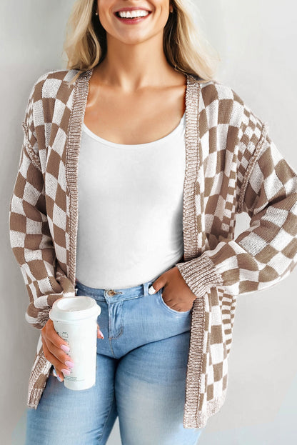 Checkered Bubble-Sleeve Cardigan