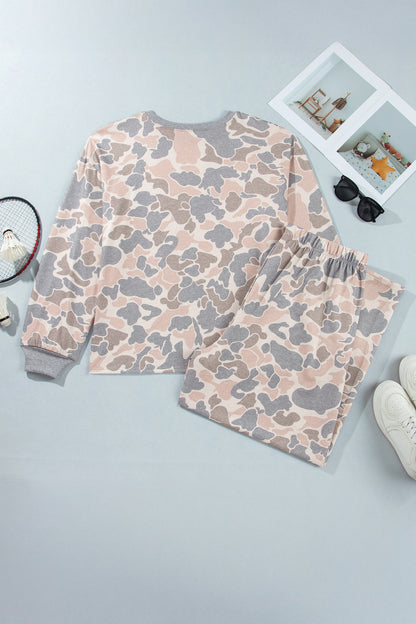 Multicolour Camouflage Long Sleeve Round Neck Two-Piece Plus Size Set