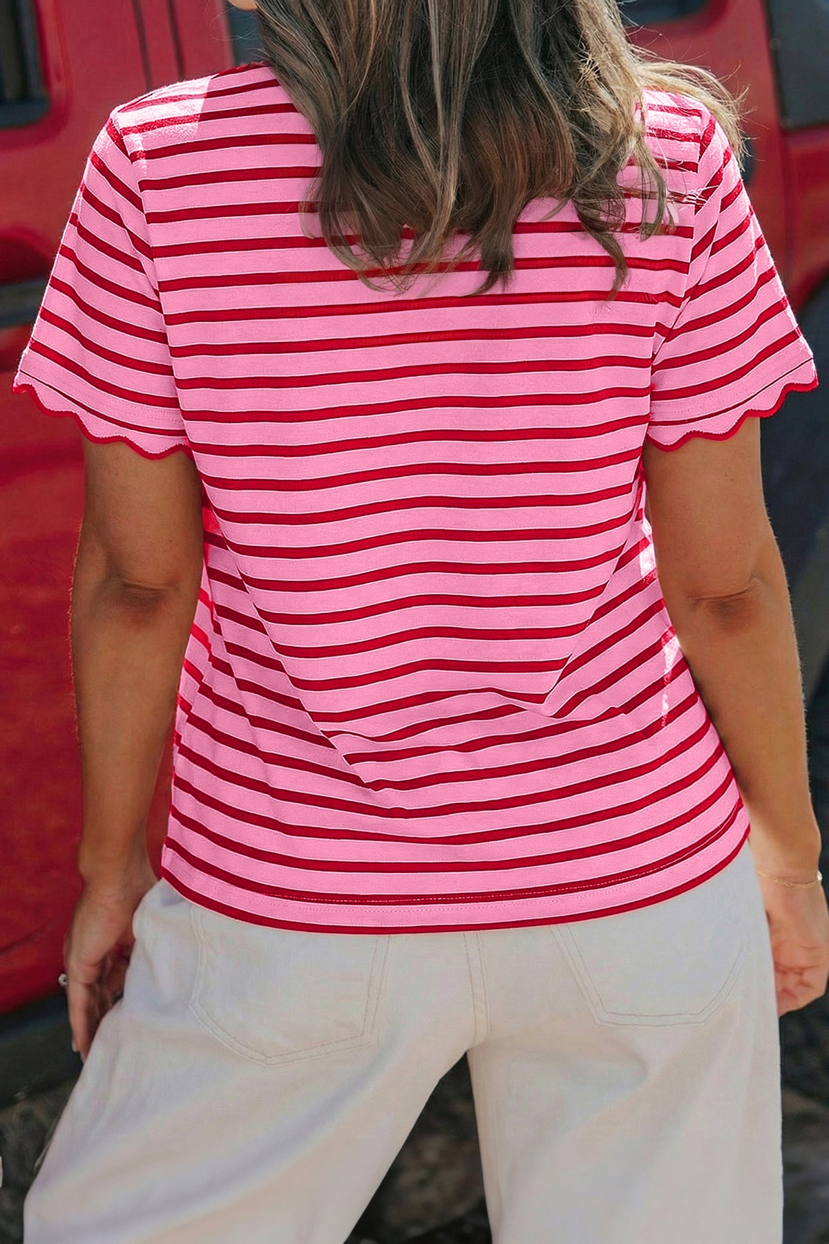 Scalloped Trim Round Neck T Shirt