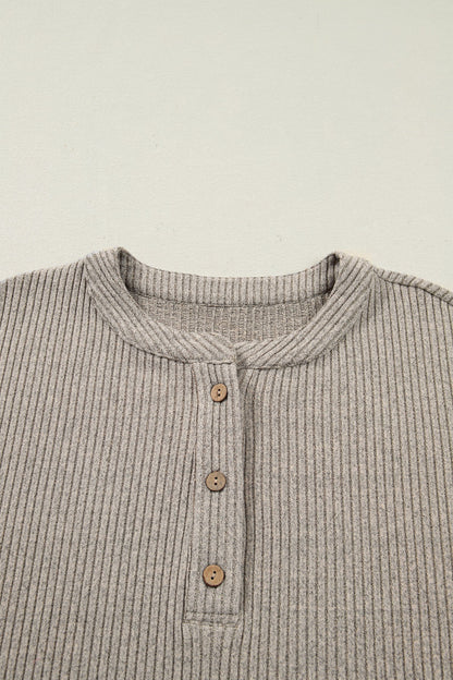 Plus Size Ribbed Knit Kangaroo Pocket Henley Top