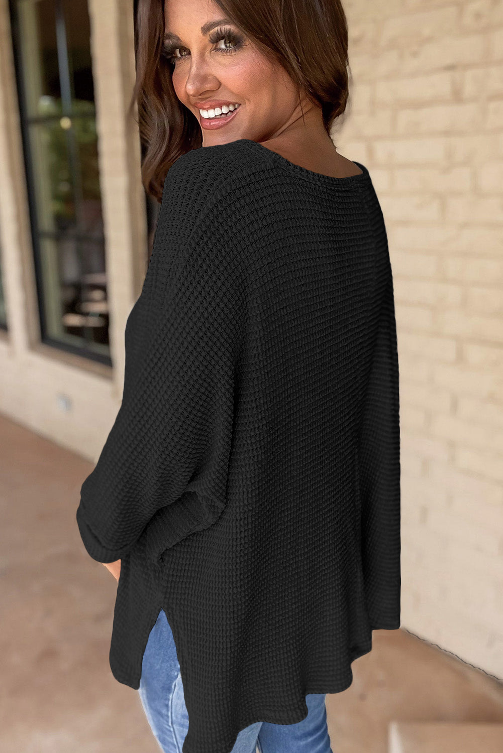 Waffle Knit Side Slits Loose Fit V Neck Top