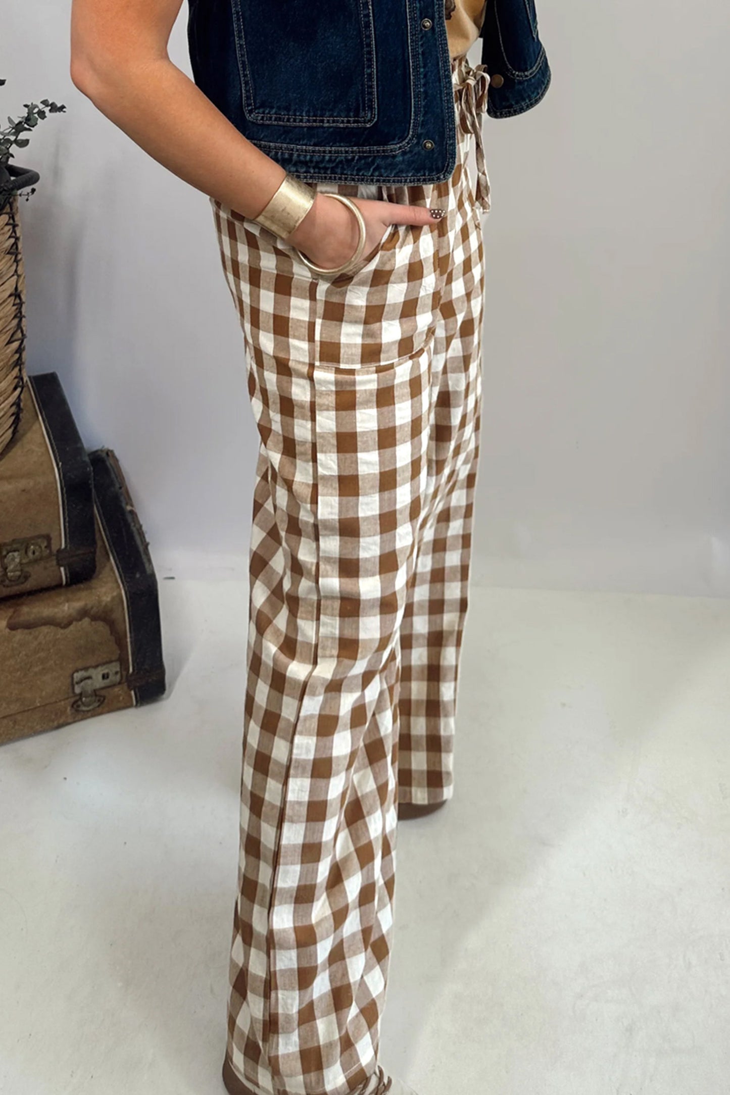 Red Gingham Plaid Tie Elastic Waist Shift Pants