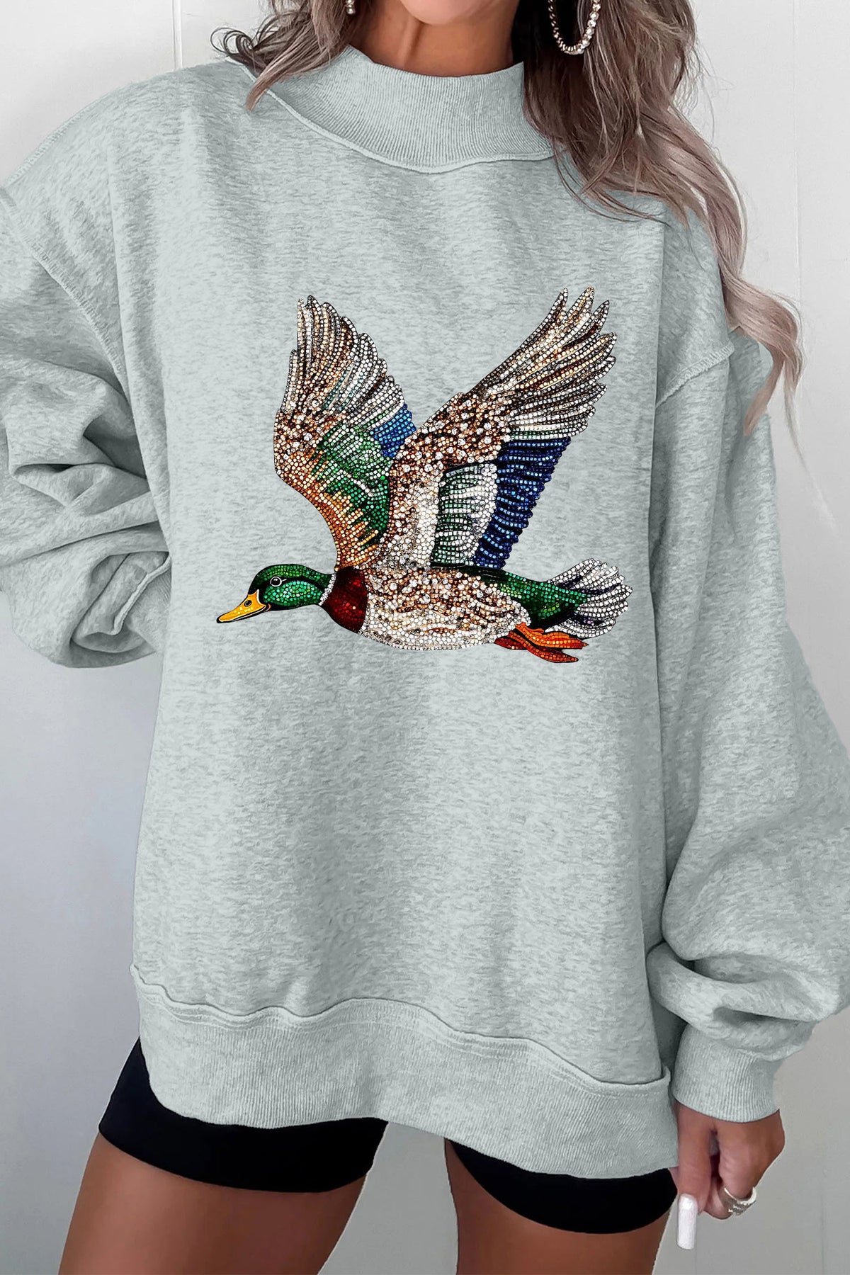 Gray Western Style Mallard Duck Printed Graphic Baggy Mock Neck Sweatshirt