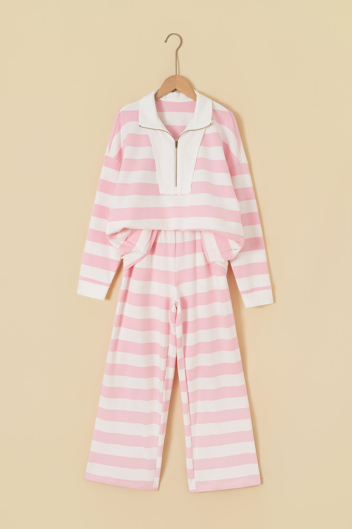 Pink Stripe Half-Zip Pants Set