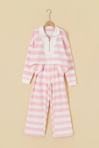 Pink Stripe Half-Zip Pants Set