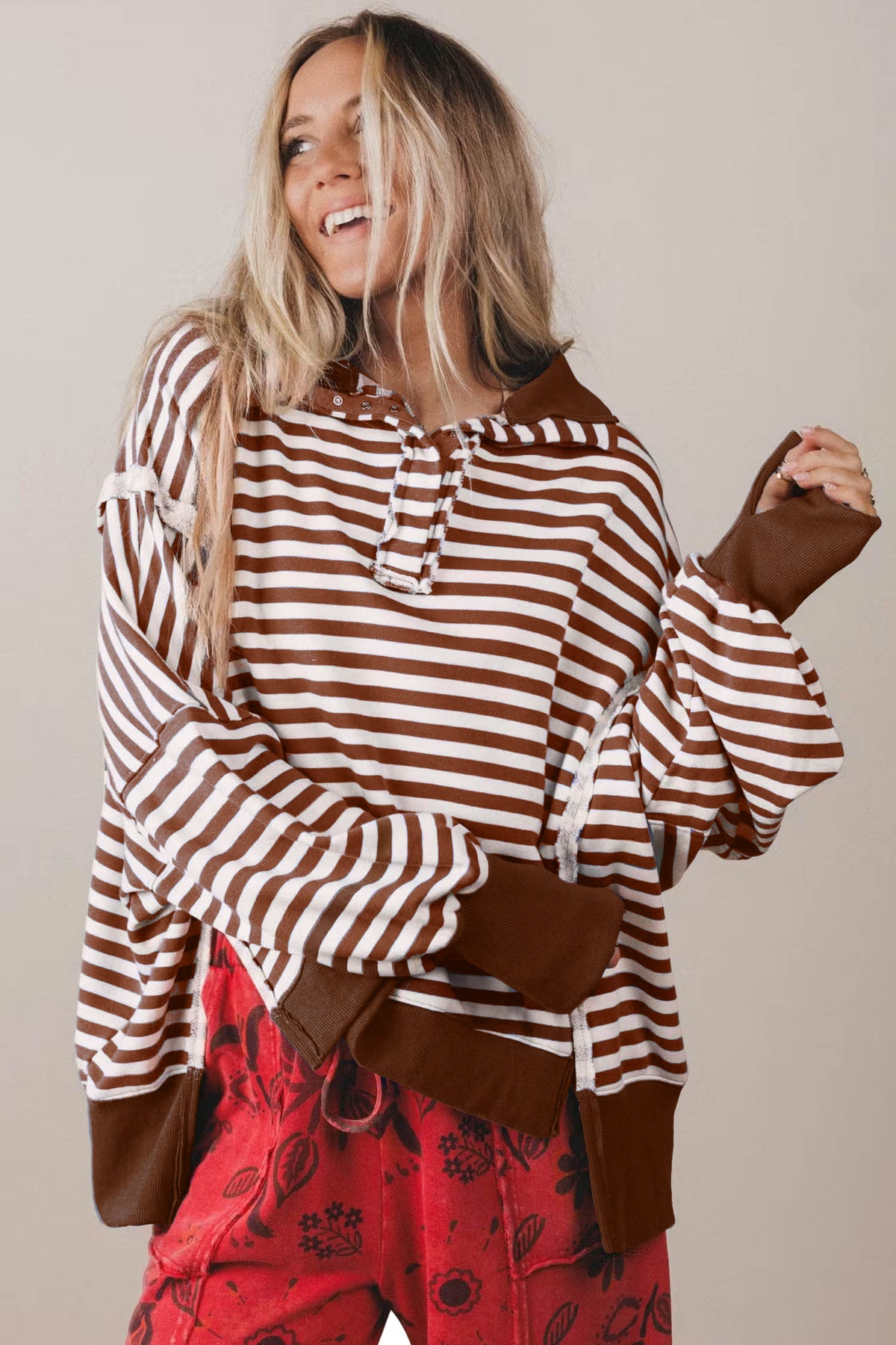 Stripe Raw Seam Pullover Sweatshirt
