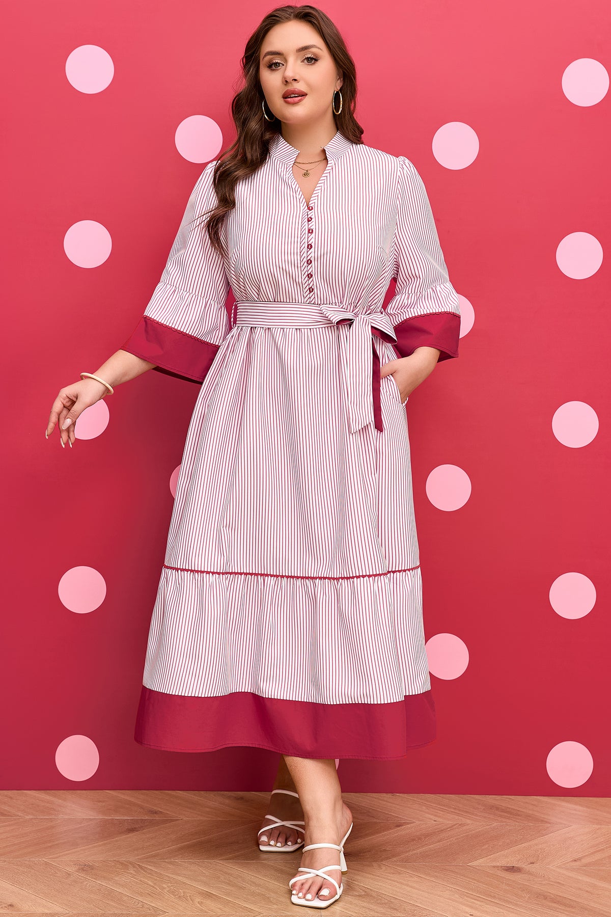 Red Stripe Ruffle-Hem Midi Dress