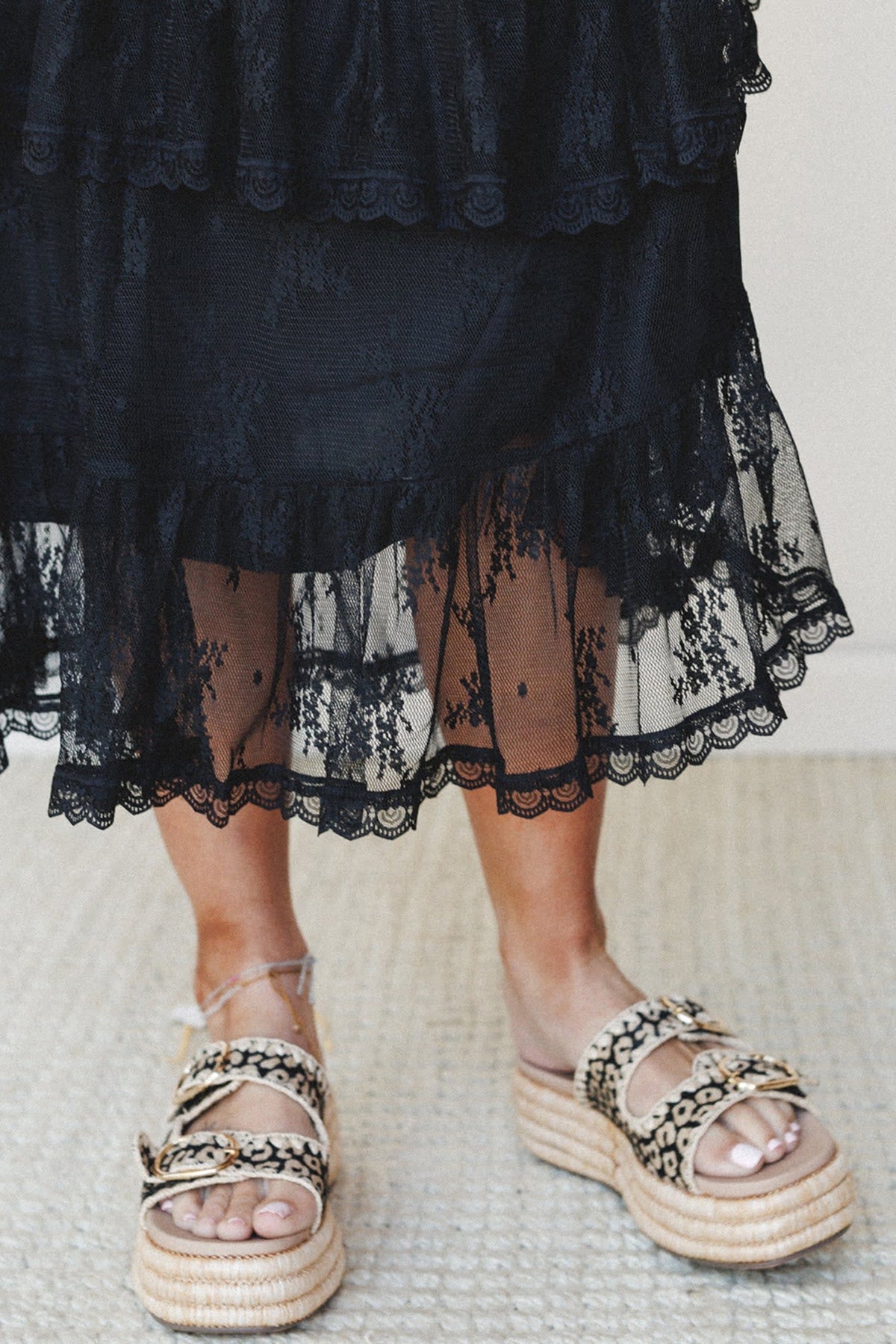 Black Ruffled Lace Midi Skirt