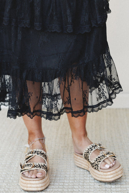 Black Ruffled Lace Midi Skirt