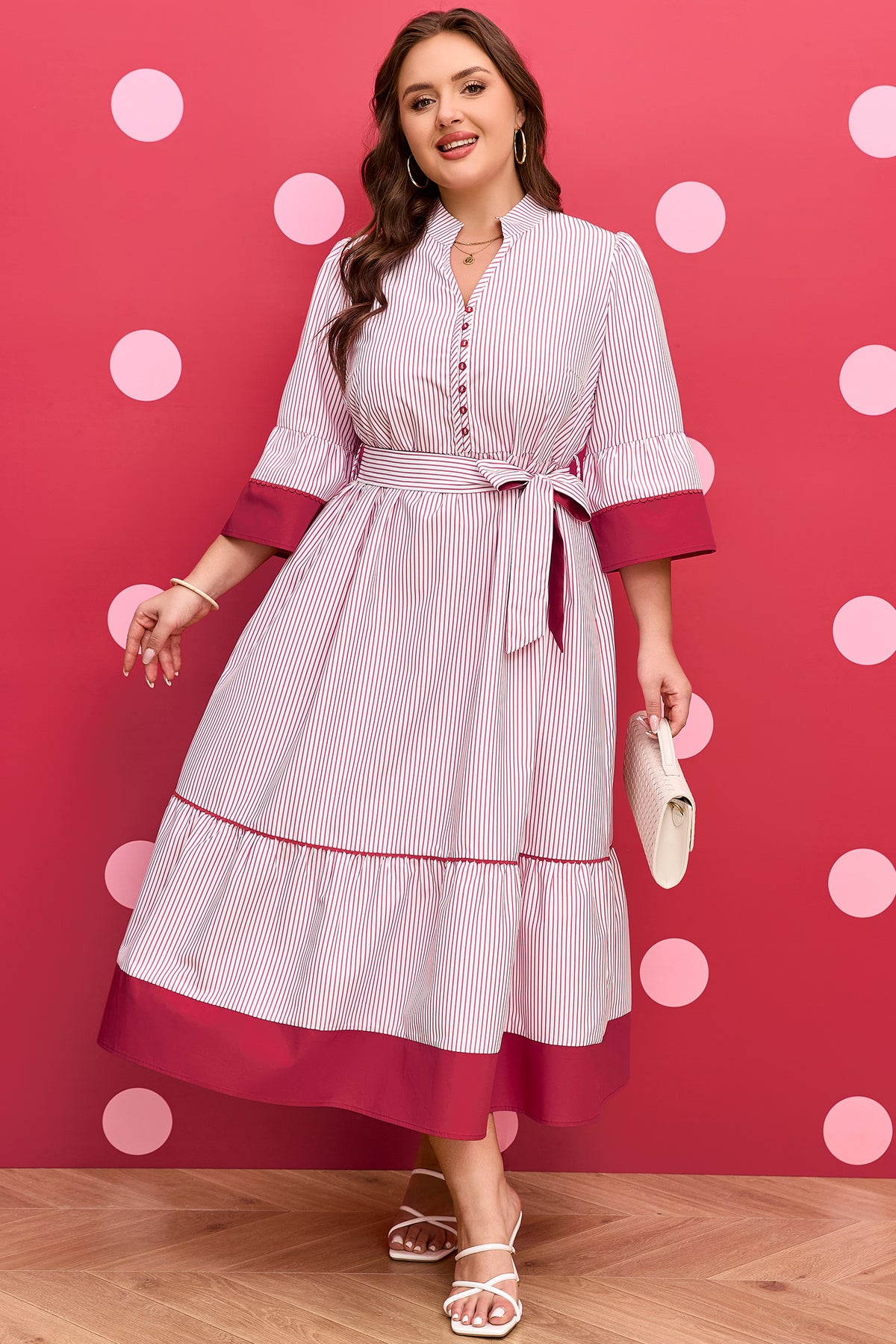 Red Stripe Ruffle-Hem Midi Dress