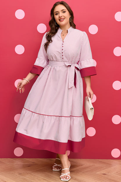 Red Stripe Ruffle-Hem Midi Dress