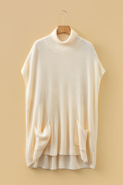 Solid Turtleneck Short Sleeve Pocketed Tunic Sweater