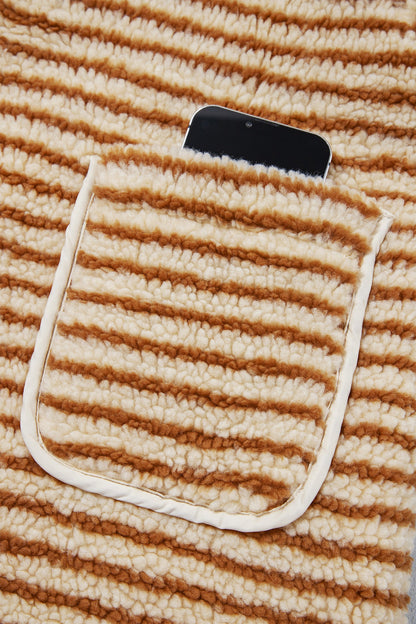 Brown Stripe Ruffle Collar Fleece Jacket