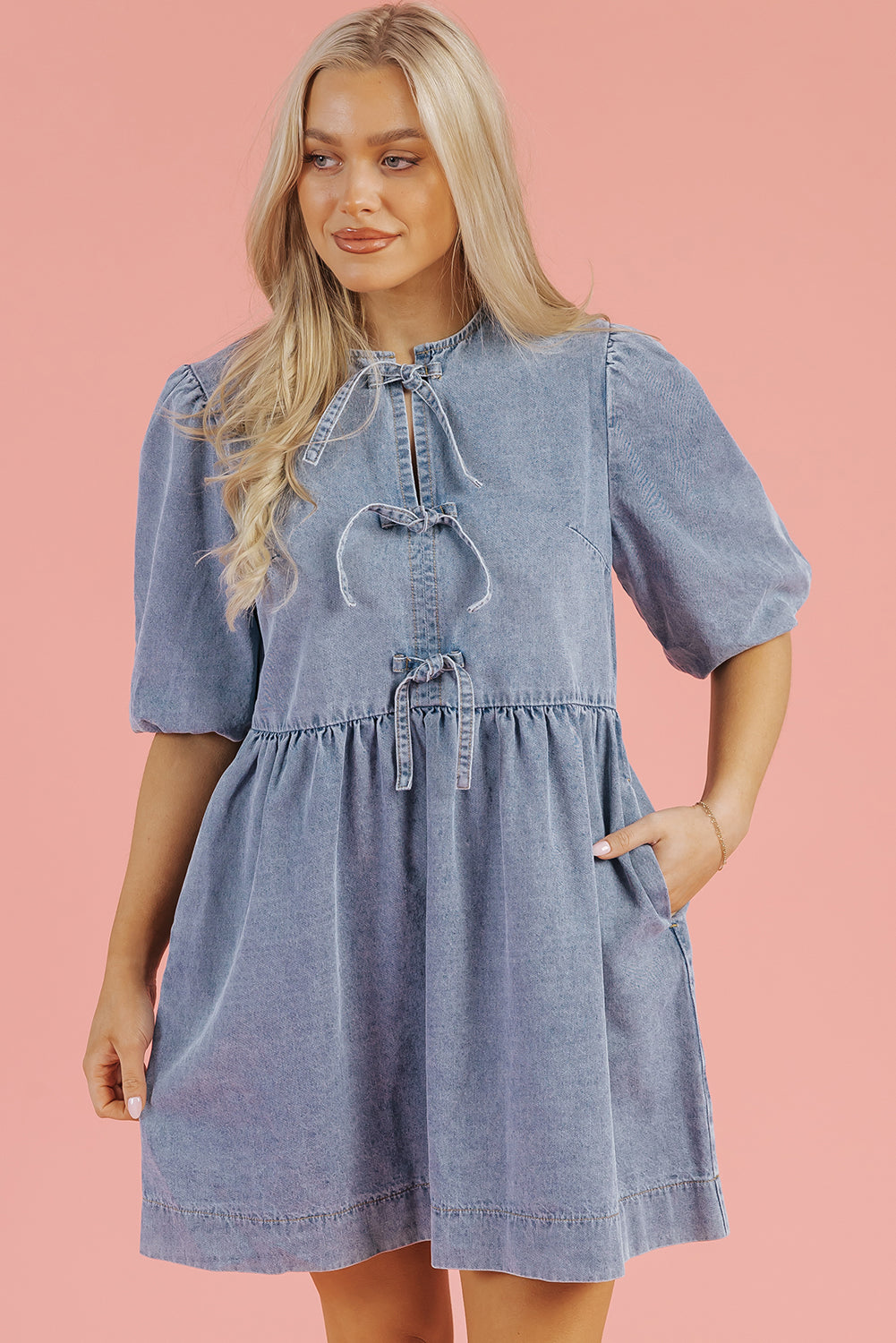 Bluebell Denim Bow Puff Sleeve Mini Dress