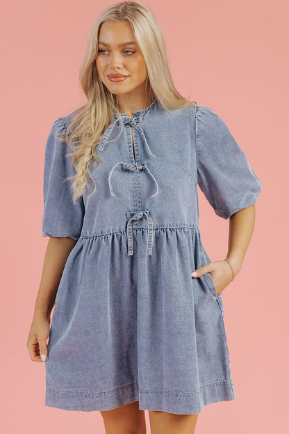 Bluebell Denim Bow Puff Sleeve Mini Dress