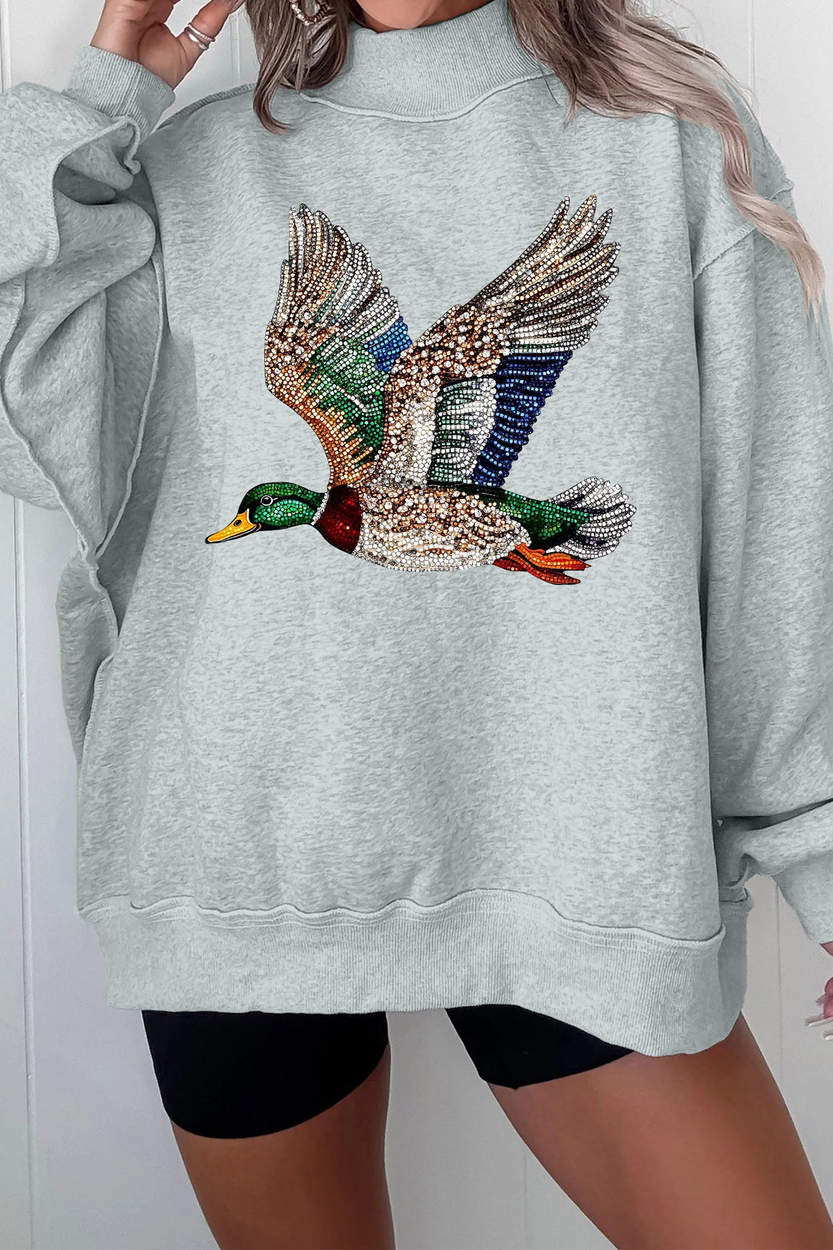 Gray Western Style Mallard Duck Printed Graphic Baggy Mock Neck Sweatshirt