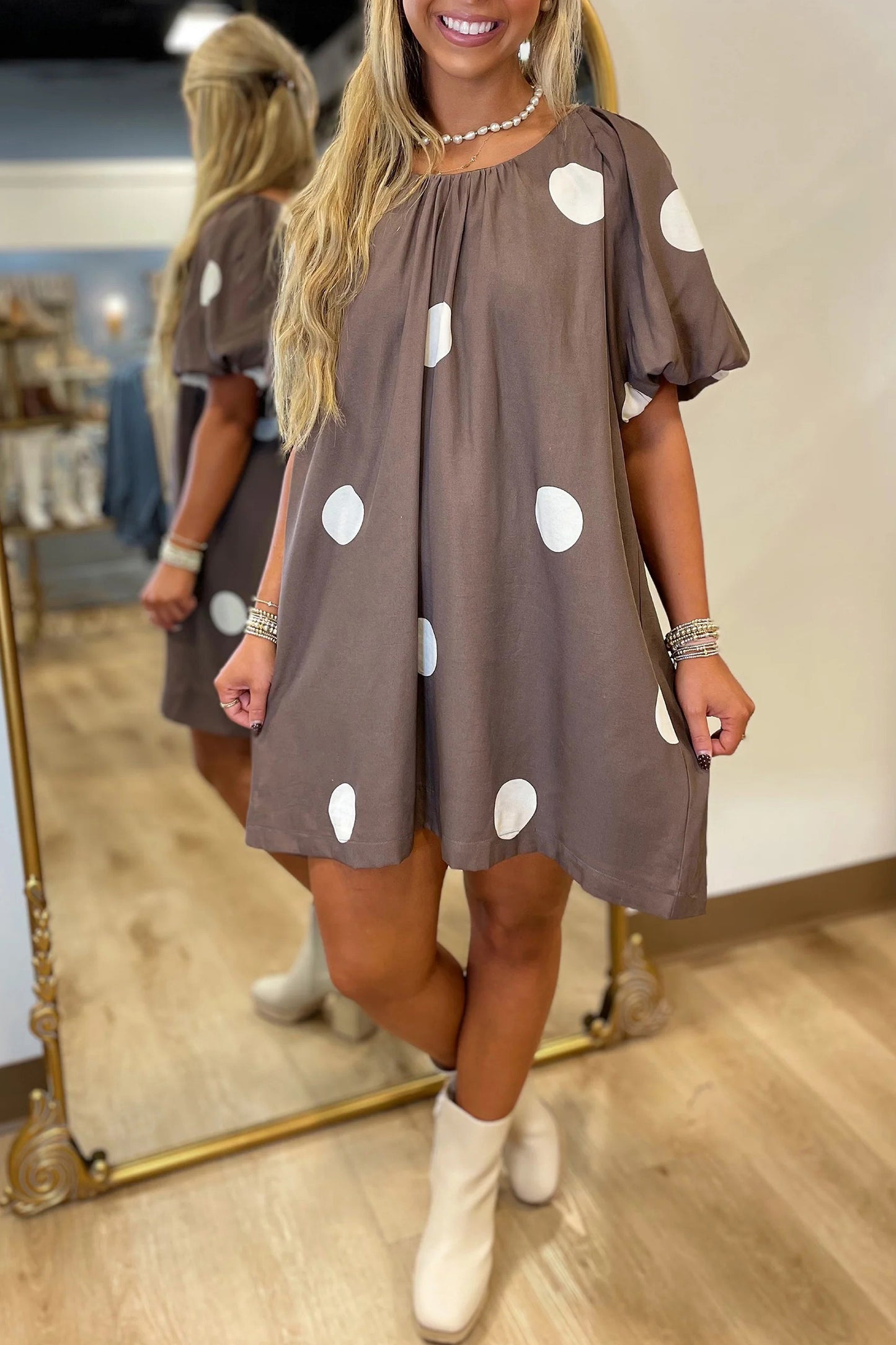 Cider Polka Dot Puff Sleeve Mini Dress