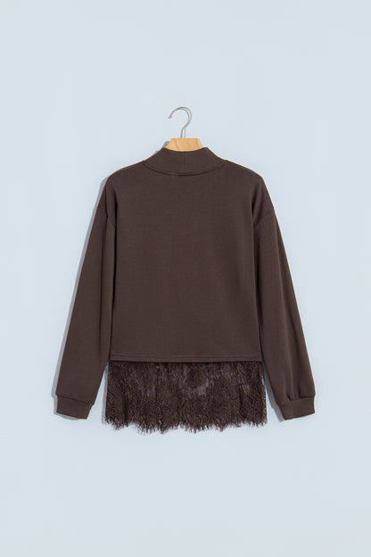 Lace-Hem Mock Neck Sweatshirt