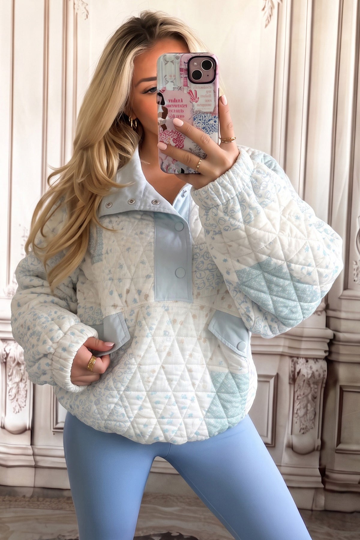 Quilted Floral Half-Button Sweatshirt
