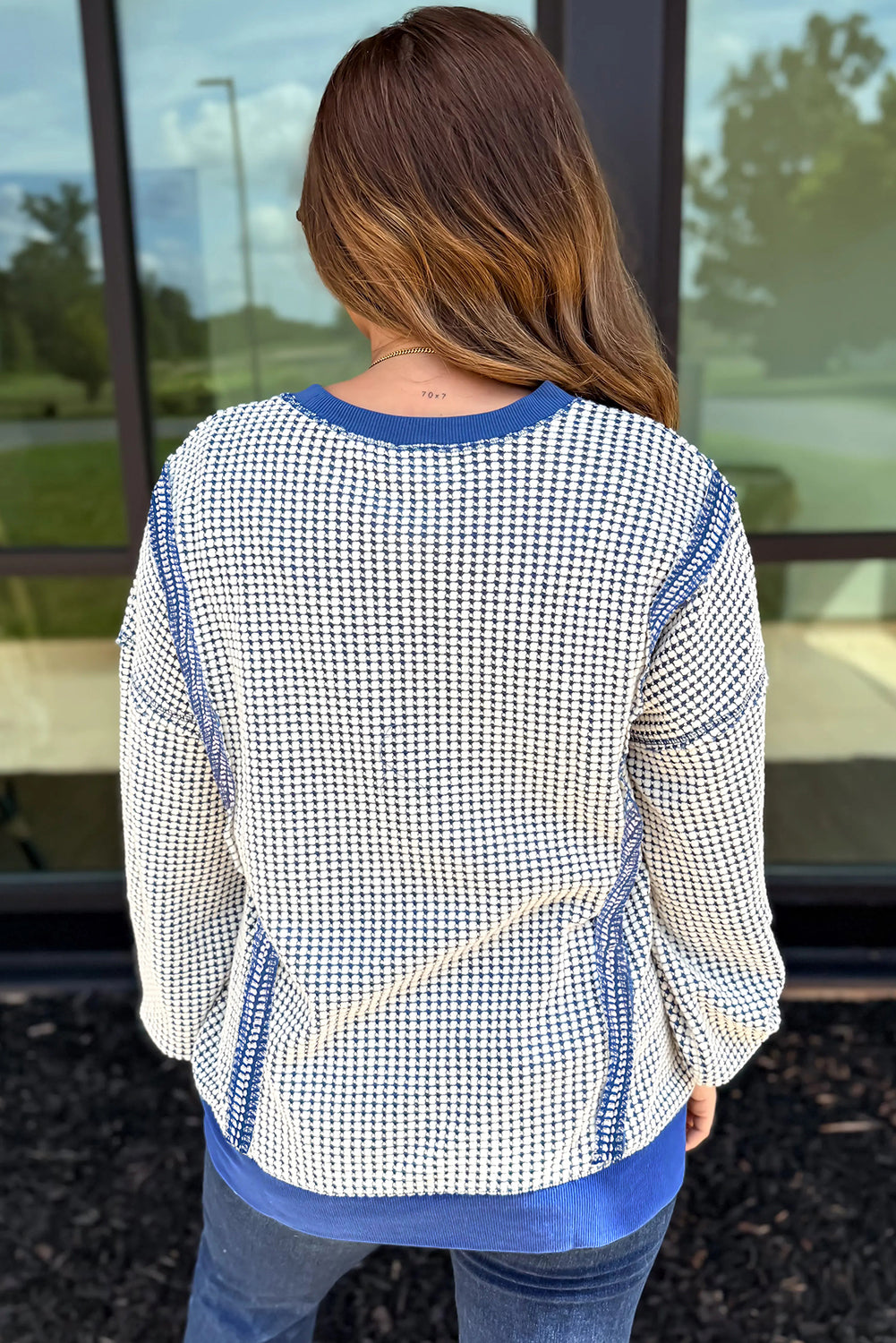 Waffle-Knit Exposed-Seam Side-Slit Top