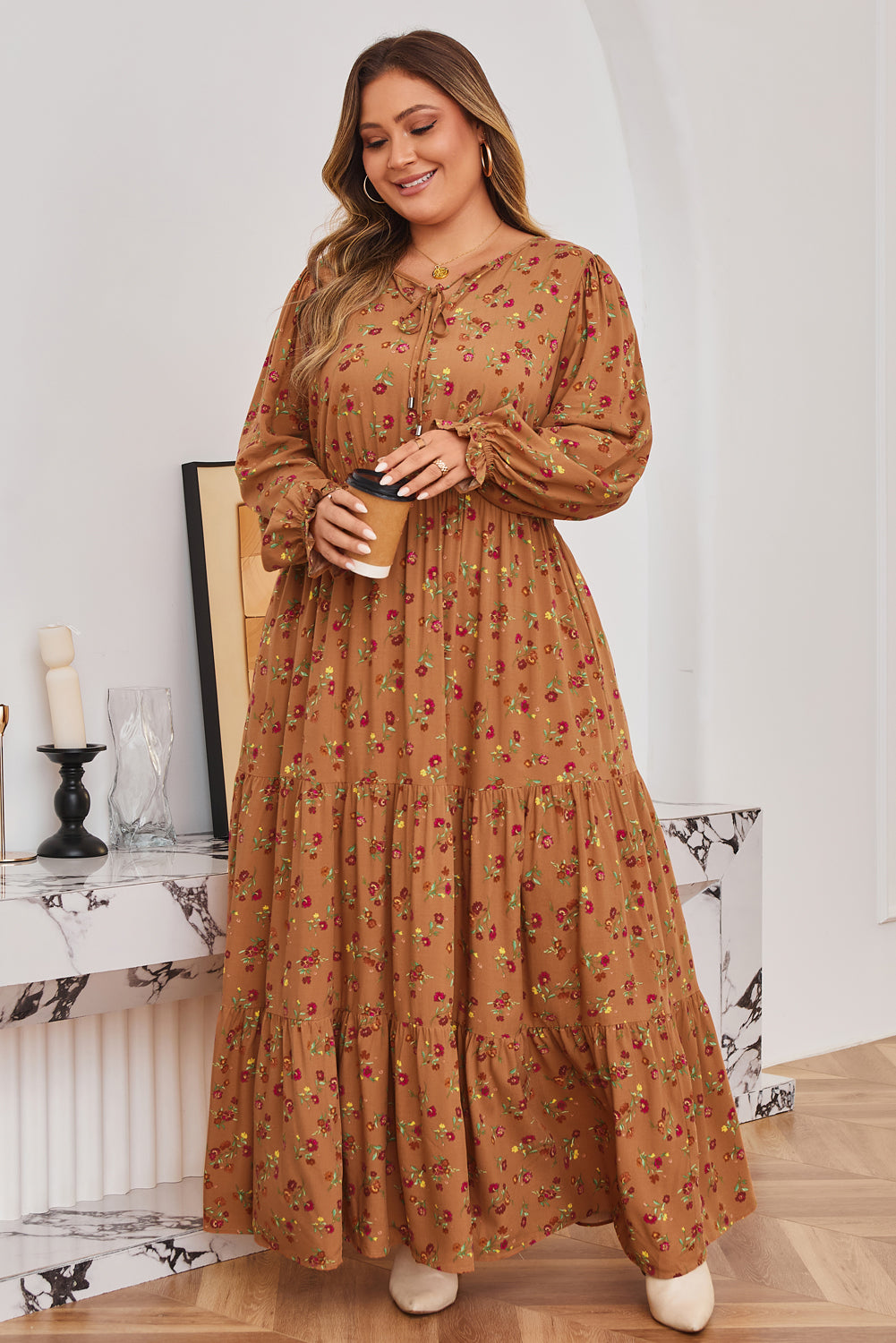 Brown Floral Tiered Maxi Dress